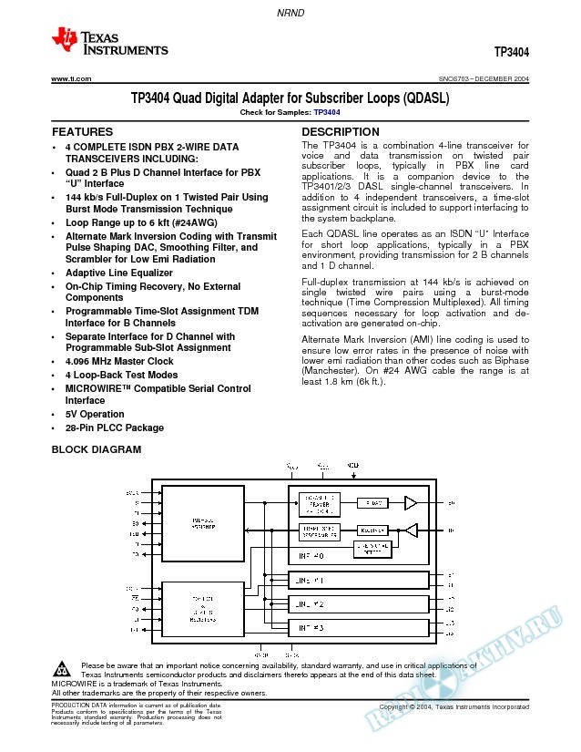 TP3404 Quad Digital Adapter for Subscriber Loops (QDASL)