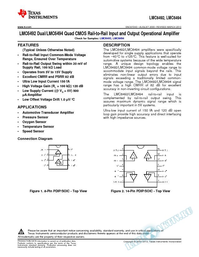 LMC6492 Dual/LMC6494 Quad CMOS Rail-to-Rail Input and Output Op Amp (Rev. D)