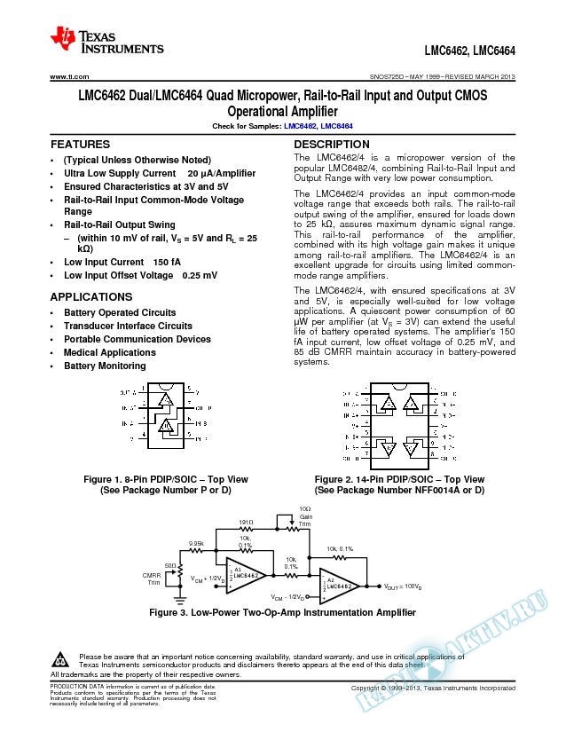 LMC6462 Dual/LMC6464 Quad Micropwr, Rail-to-Rail I/O CMOS Op Amp (Rev. D)
