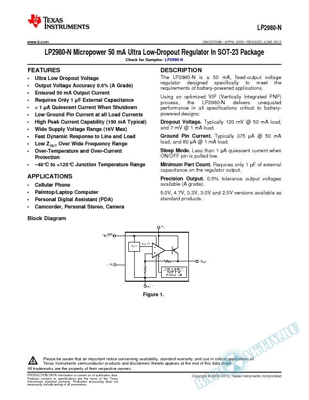LP2980 Micropower 50 mA Ultra Low-Dropout Regulator In SOT-23 Package (Rev. M)