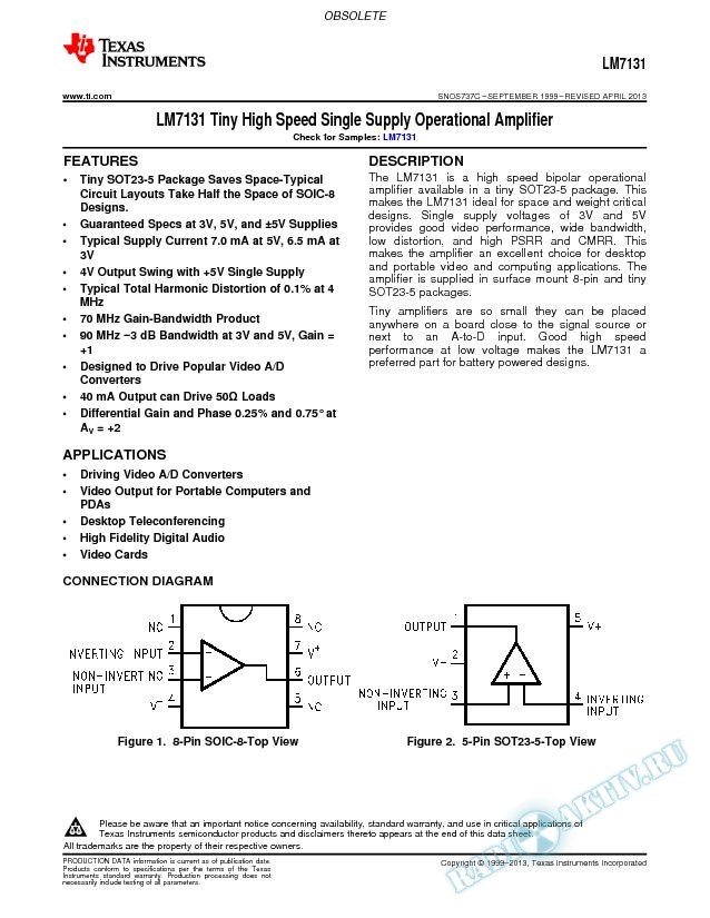 LM7131 Tiny High Speed Single Supply Operational Amplifier (Rev. C)