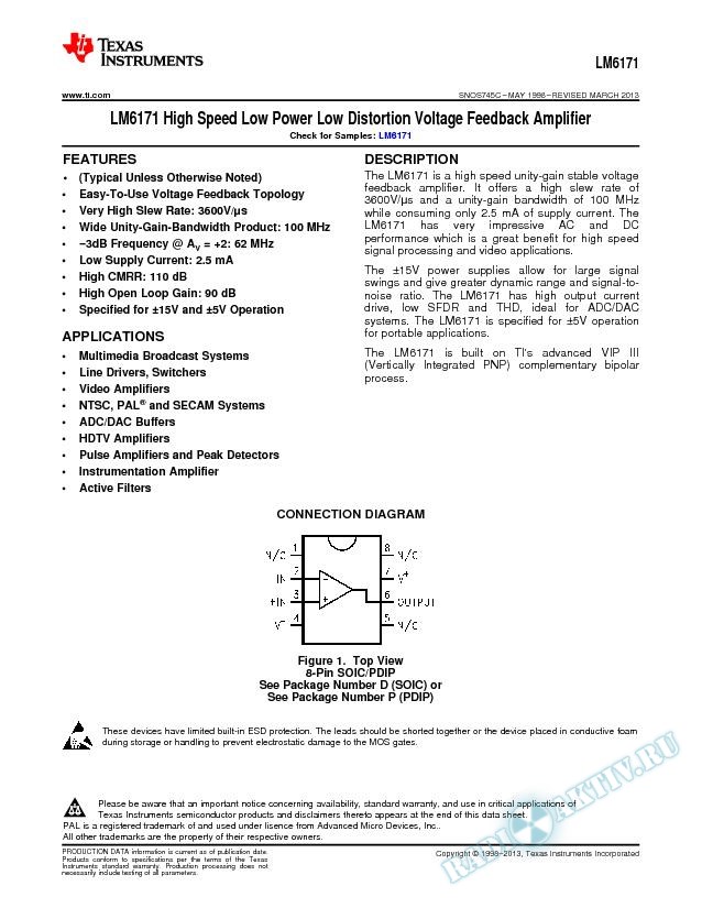LM6171 High Speed Low Power Low Distortion Voltage Feedback Amplifier (Rev. C)