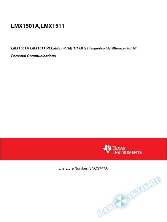 LMX1501A LMX1511 PLLatinum(TM) 1.1 GHz Freq Synt for RF Per Comm (Rev. A)