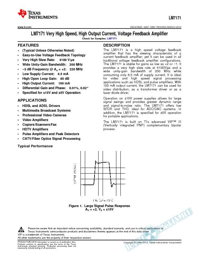 LM7171 Very High Speed, High Output Current, Voltage Feedback Amplifier (Rev. B)