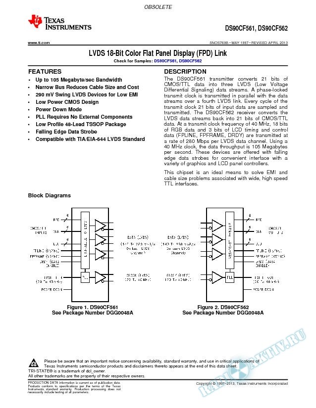 DS90CF561/DS90CF562 LVDS 18-Bit Color Flat Panel Display (FPD) Link (Rev. B)