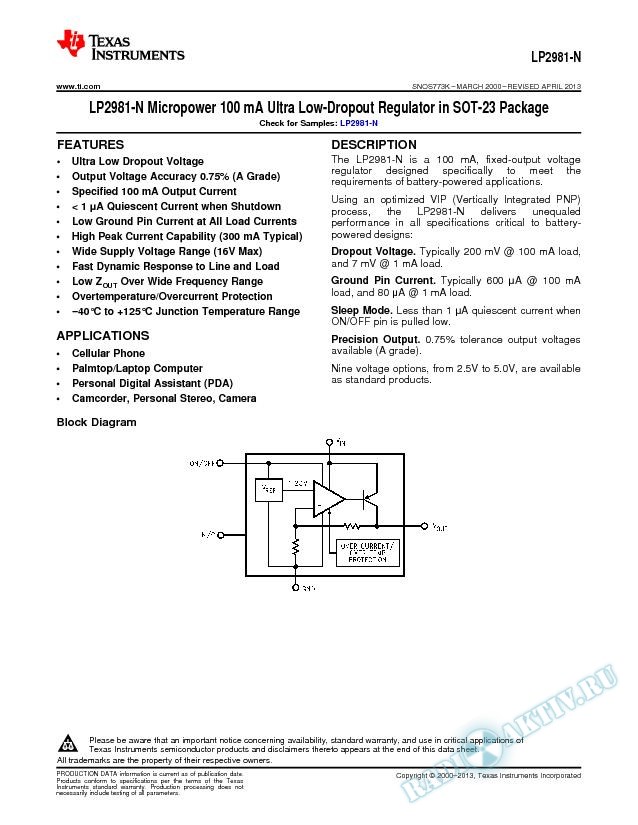 LP2981 Micropower 100 mA Ultra Low-Dropout Regulator in SOT-23 Package (Rev. K)