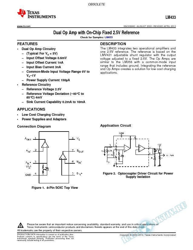 LM433 Dual Op Amp with On-Chip Fixed 2.5V Reference (Rev. E)
