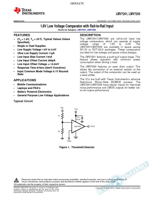LMV7251/LMV7255 1.8V Low Voltage Comparator with Rail-to-Rail Input (Rev. E)