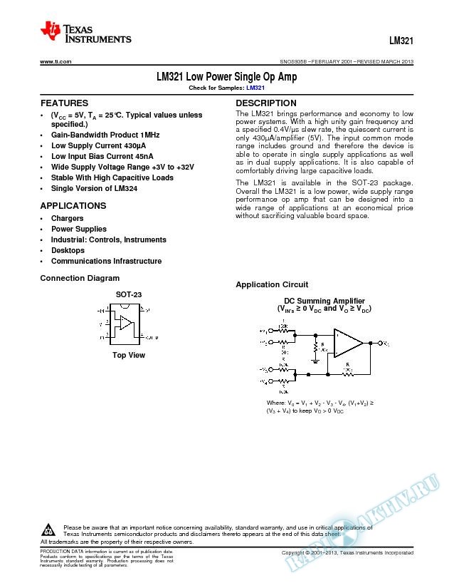 LM321 Low Power Single Op Amp (Rev. B)