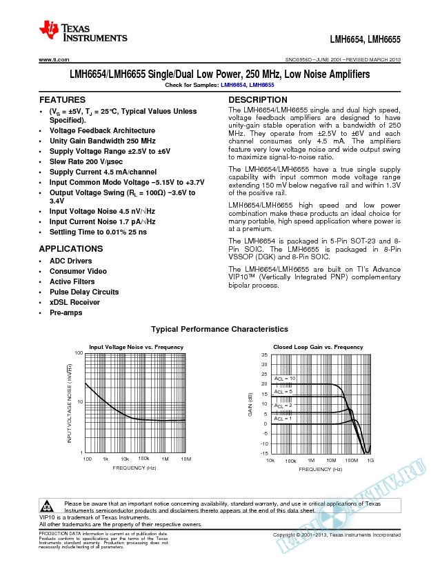 LMH6654/LMH6655 Single/Dual Low Power, 250 MHz, Low Noise Amplifiers (Rev. D)