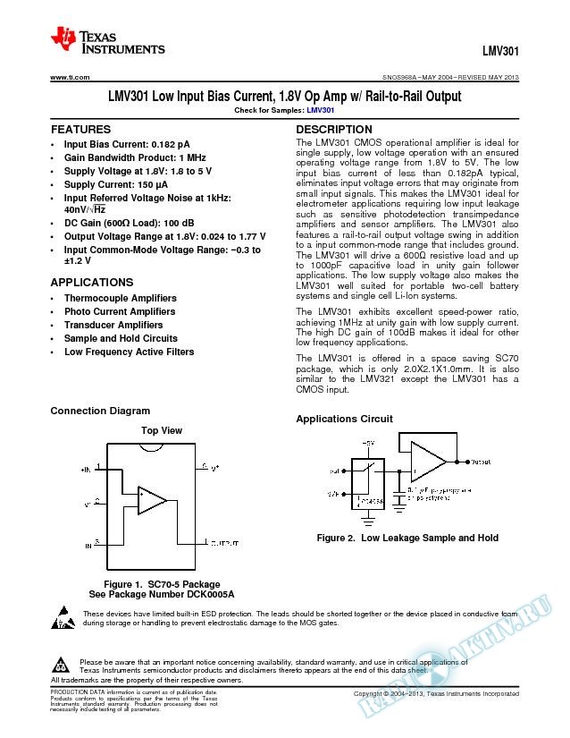 Low Input Bias Current 1.8V Op Amp w/Rail-to-Rail Output (Rev. A)