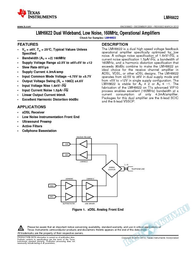 LMH6622 Dual Wideband, Low Noise, 160MHz, Operational Amplifiers (Rev. D)