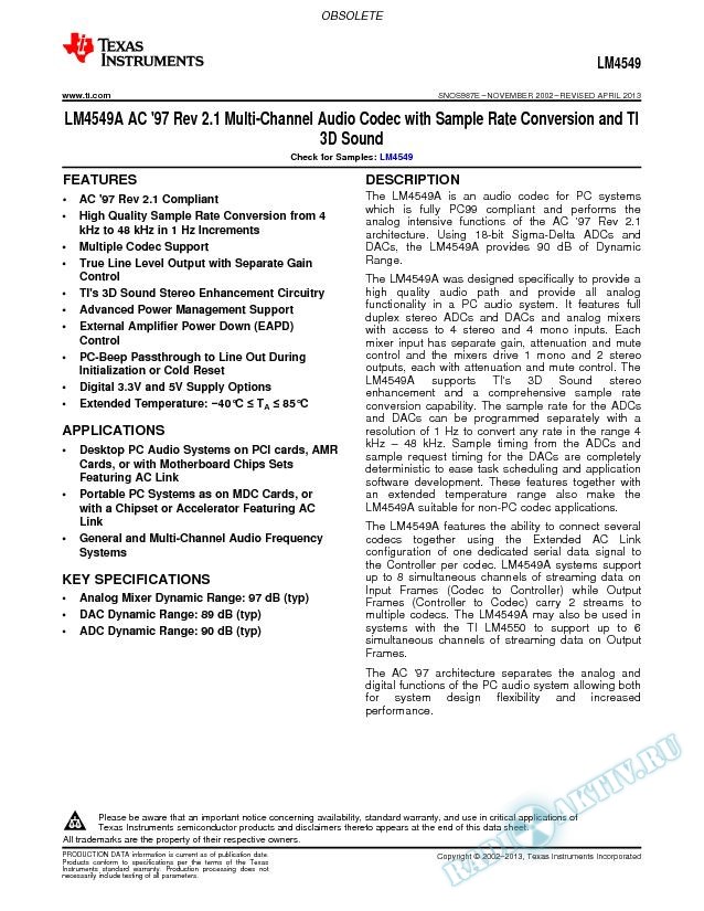 LM4549A AC `97 Rev 2.1 Multi-Chan Audio Codec w/Sam Rate Convers 7 Nat 3D Sound (Rev. E)