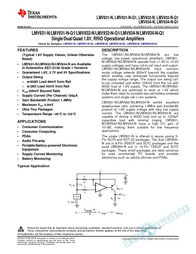 LMV931-N Single/LMV932-N Dual/LMV934-N Quad 1.8V, RRIO Operational Amplifiers (Rev. L)