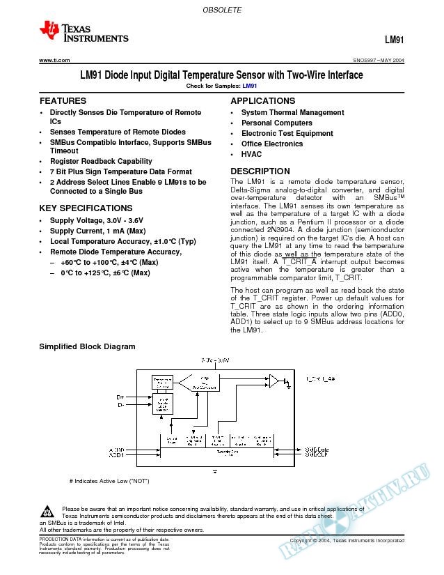 LM91 Diode Input Digital Temperature Sensor with Two-Wire Interface