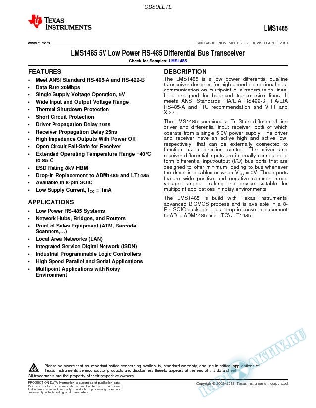 LMS1485 5V Low Power RS-485 Differential Bus Transceiver (Rev. F)