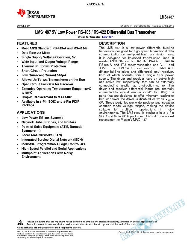LMS1487 5V Low Power RS-485 / RS-422 Differential Bus Transceiver (Rev. F)