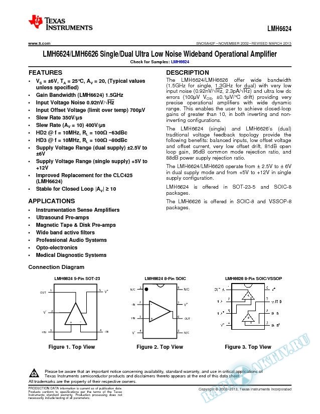 LMH6624/LMH6626 Single/Dual Ultra Low Noise Wideband Operational Amplifier (Rev. F)