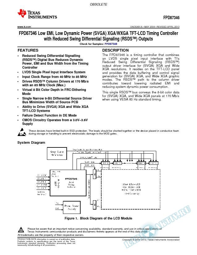 Low EMI, Low Dyn Pwr (SVGA) TFT-LCD Timing Cont w/Reduce Swing Diff Sig Out (Rev. A)