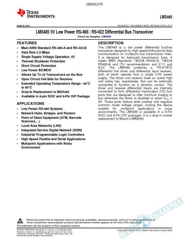 LMS485 5V Low Power RS-485 / RS-422 Differential Bus Transceiver (Rev. C)