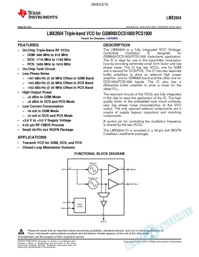 LMX2604  Triple-band VCO for GSM900/DCS1800/PCS1900 (Rev. B)
