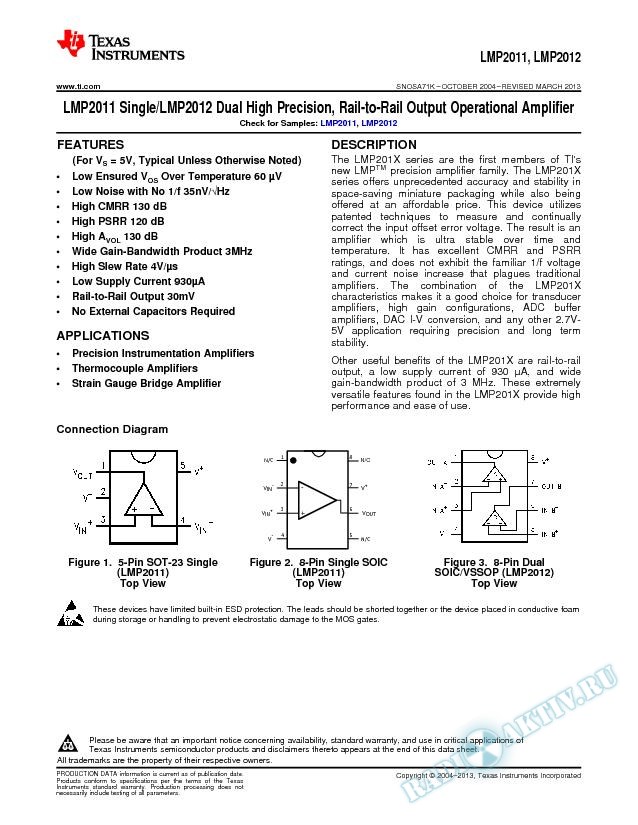 LMP2011 Single/LMP2012 Dual High Precision, Rail-to-Rail Output Op Amp (Rev. K)