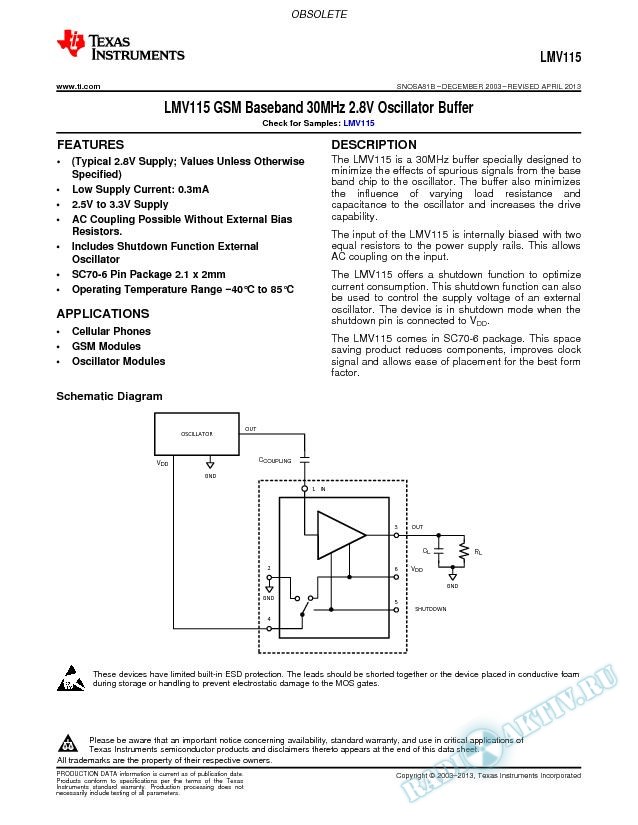 LMV115 GSM Baseband 30MHz 2.8V Oscillator Buffer (Rev. B)