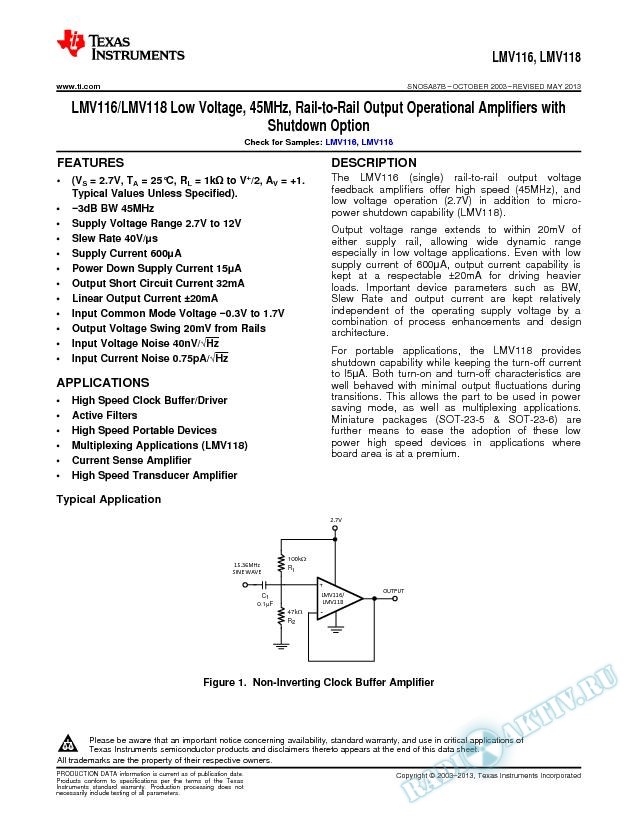 LMV116/LMV118 Low Voltage, 45MHz, Rail-to-Rail Output Op Amp w/Shutdown Option (Rev. B)