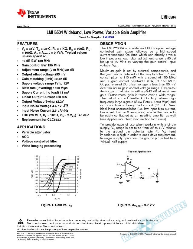 LMH6504 Wideband, Low Power, Variable Gain Amplifier (Rev. D)