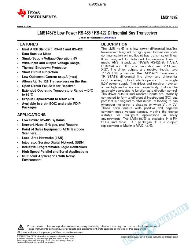 LMS1487E Low Power RS-485 / RS-422 Differential Bus Transceiver (Rev. B)