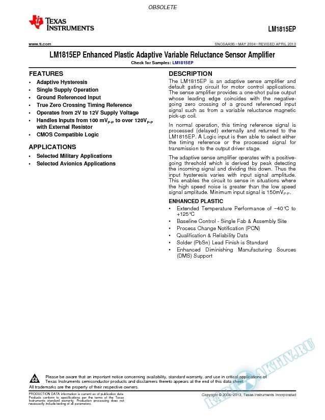 LM1815EP Enhanced Plastic Adaptive Variable Reluctance Sensor Amplifier (Rev. B)