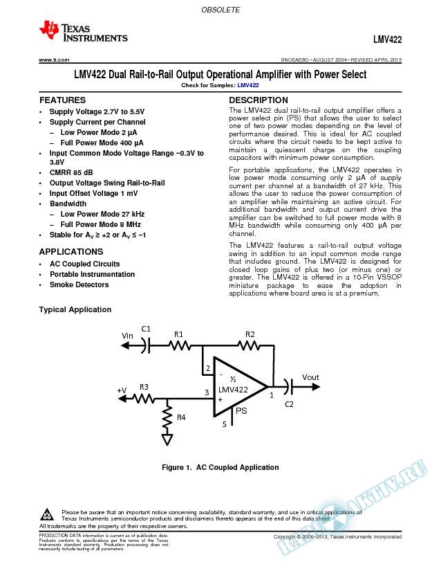 LMV422 Dual Rail-to-Rail Output Operational Amplifier with Power Select (Rev. D)