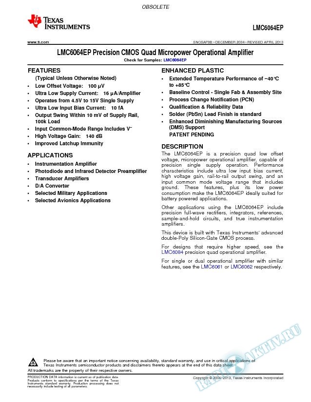LMC6064EP Precision CMOS Quad Micropower Operational Amplifier (Rev. B)