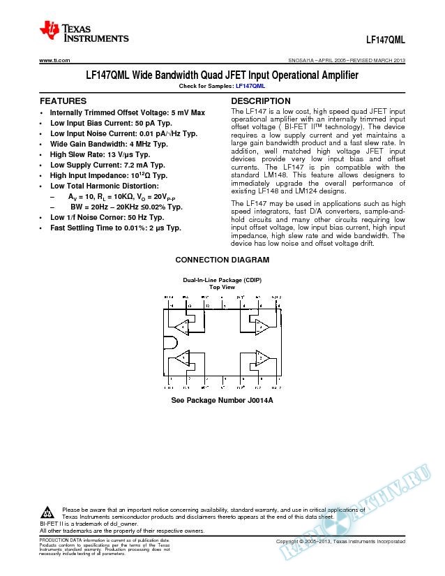 LF147QML Wide Bandwidth Quad JFET Input Operational Amplifier (Rev. A)
