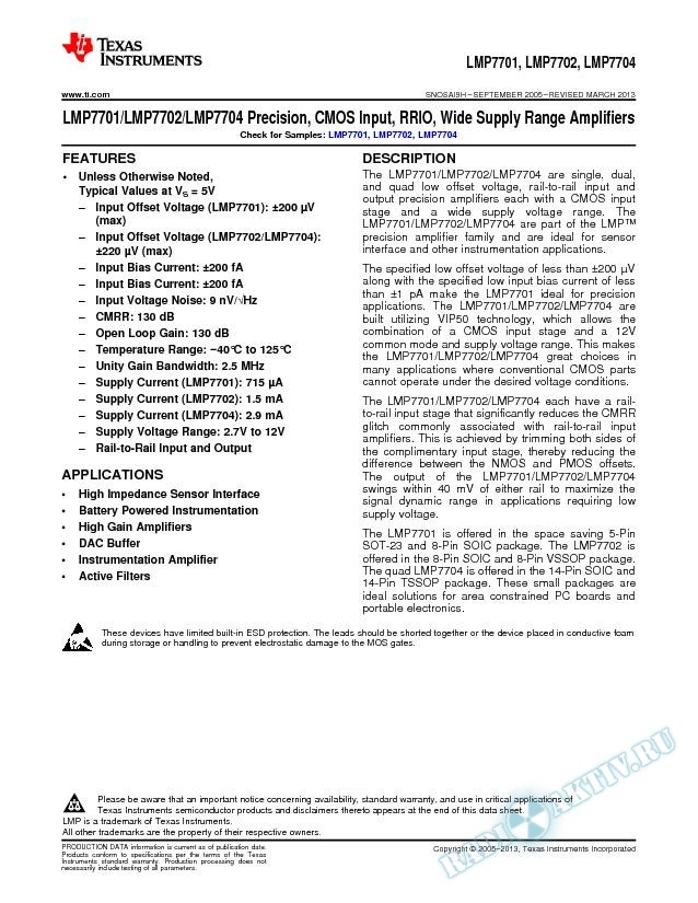 LMP7701/LMP7702/LMP7704 Precision, CMOS Input, RRIO, Wide Sup Range Amps (Rev. H)