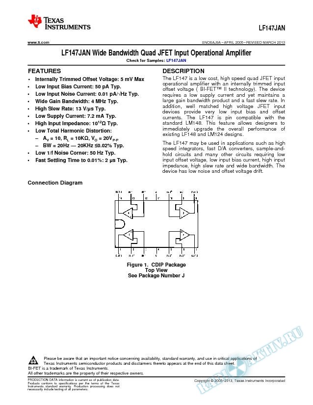 LF147JAN Wide Bandwidth Quad JFET Input Operational Amplifier (Rev. A)