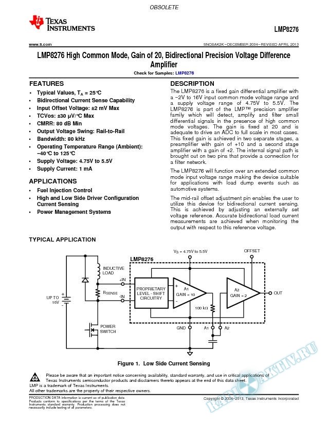 LMP8276 High Com Mode, Gain of 20, Bidirectional Precision VDiff Amplifier (Rev. K)