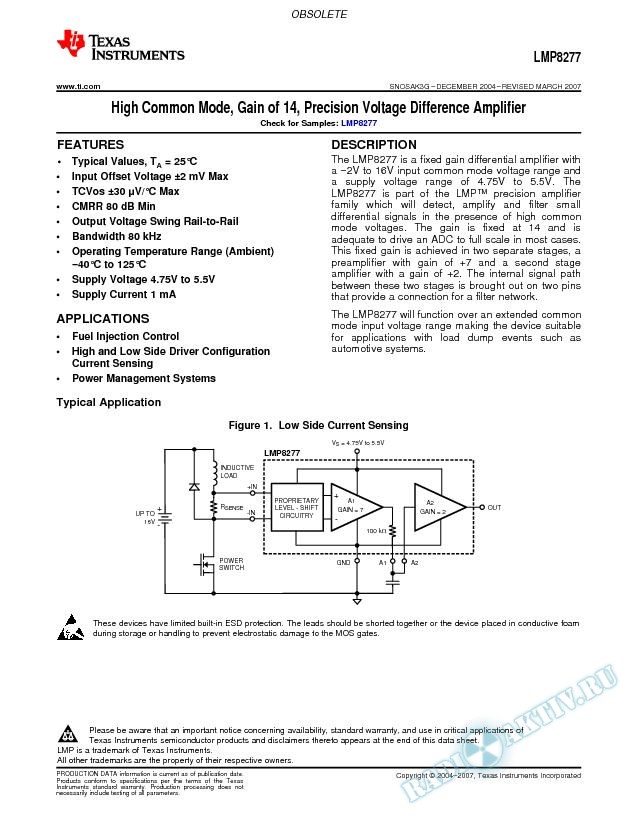 LMP8277 High Common Mode, Gain of 14, Precision Voltage Difference Amplifier (Rev. G)