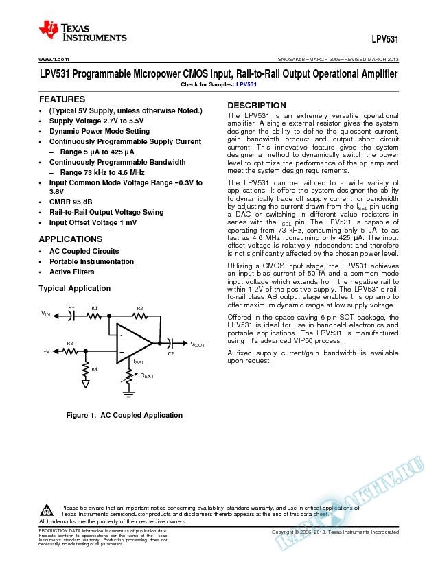 LPV531 Programmable Micropower CMOS Input, Rail-to-Rail Output Op Amp (Rev. B)