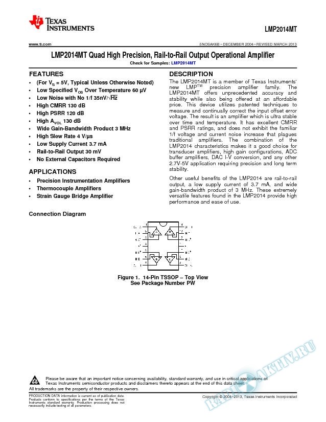 LMP2014MT Quad High Precision, Rail-to-Rail Output Operational Amplifier (Rev. B)