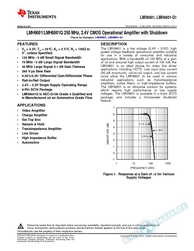 LMH6601/LMH6601Q 250 MHz, 2.4V CMOS Operational Amplifier with Shutdown (Rev. E)