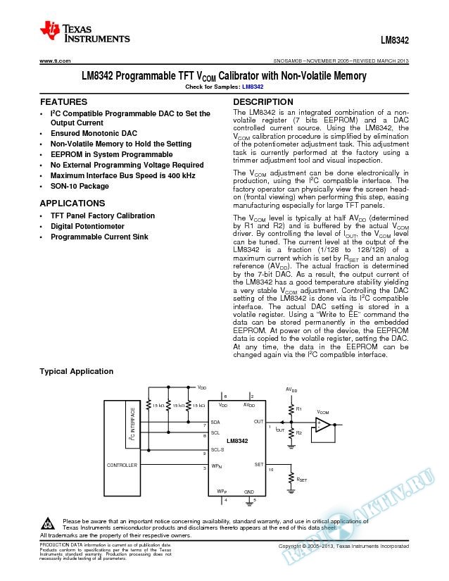 LM8342 Programmable TFT V COM  Calibrator with Non-Volatile Memory (Rev. B)