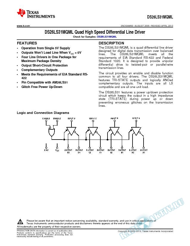 DS26LS31MQML Quad High Speed Differential Line Driver (Rev. B)