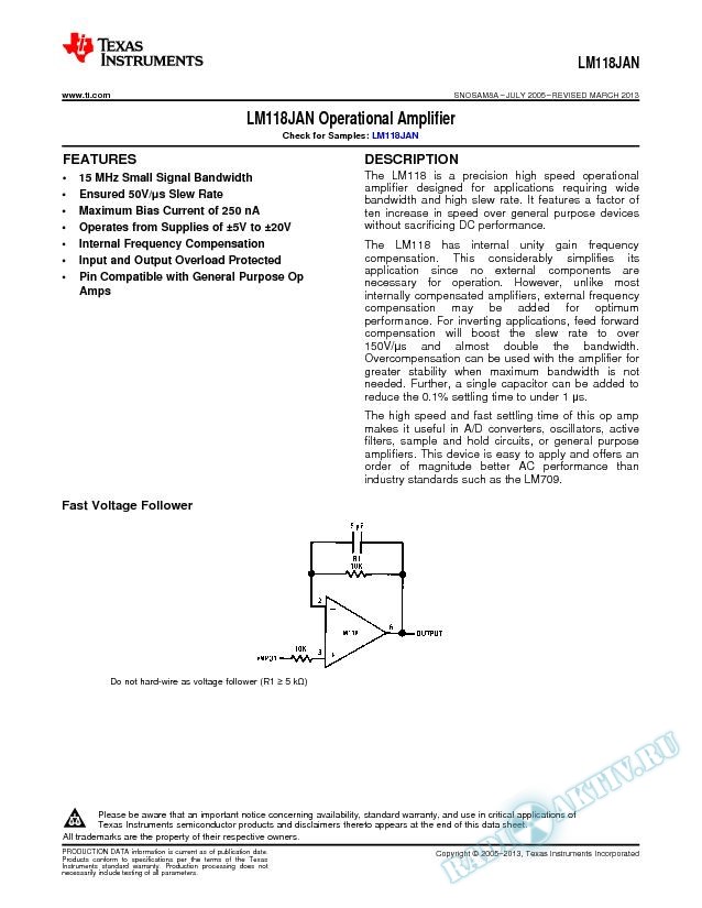 LM118JAN Operational Amplifier (Rev. A)
