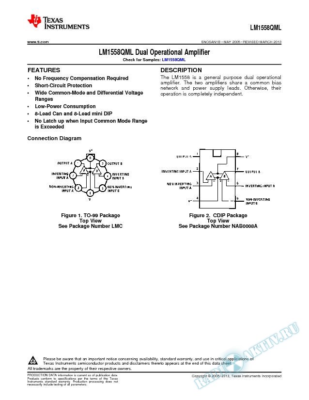 LM1558QML Dual Operational Amplifier (Rev. B)