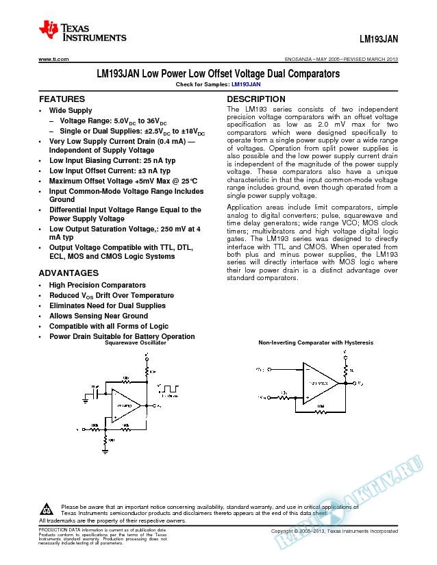 LM193JAN Low Power Low Offset Voltage Dual Comparators (Rev. A)