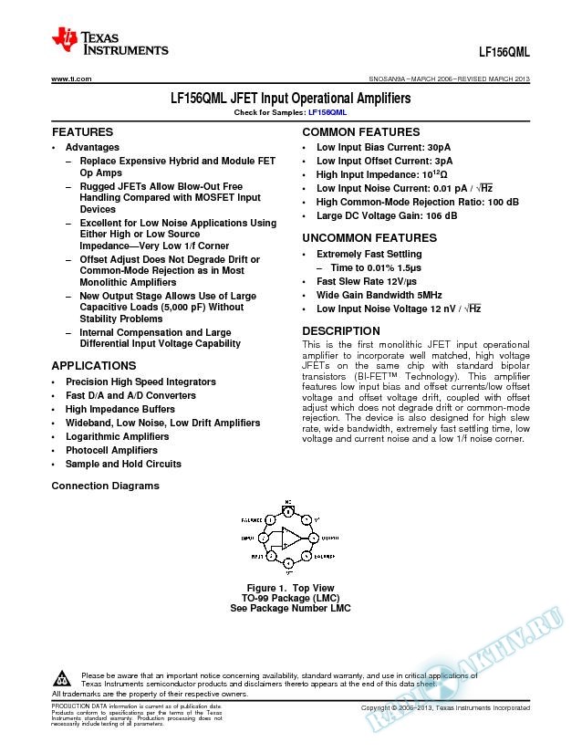 LF156QML JFET Input Operational Amplifiers (Rev. A)