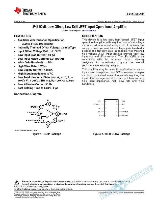 LF411QML Low Offset, Low Drift JFET Input Operational Amplifier (Rev. C)