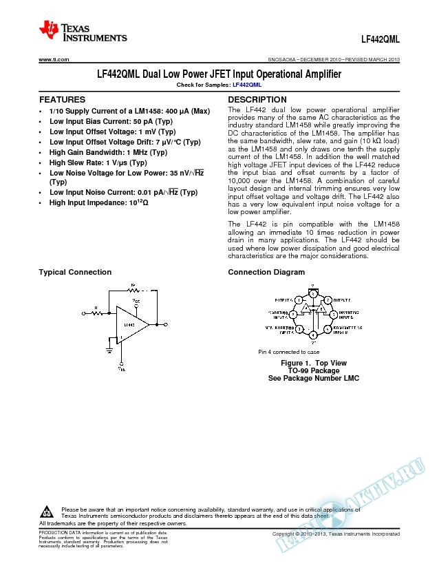 LF442QML Dual Low Power JFET Input Operational Amplifier (Rev. A)