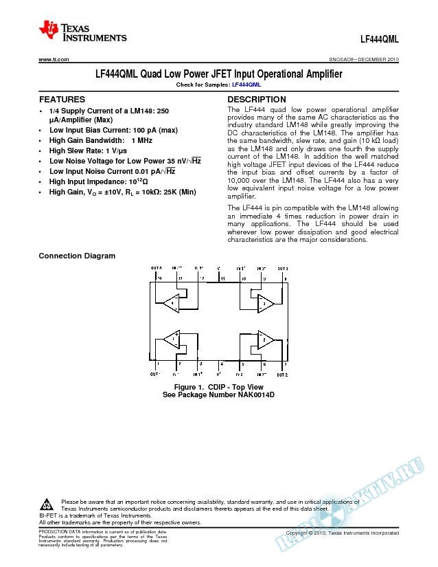 LF444QML Quad Low Power JFET Input Operational Amplifier